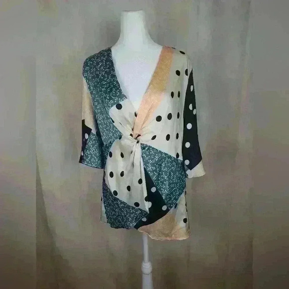 Skies Are Blue Mixing Things Up Black Green Multi Print Satin Blouse Size L - Picture 1 of 9